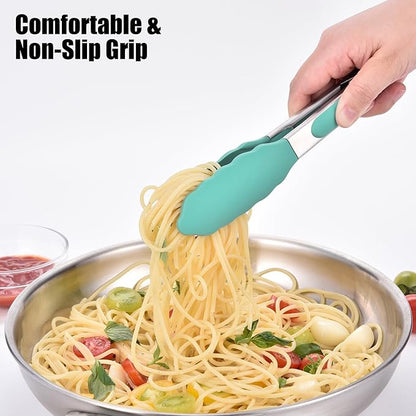 Doosu Kitchen Tongs for Cooking - 600°F Heat Resistant Food Tong with Non-Scratch Silicone Tips, Heavy Duty Stainless Steel Locking Tong for BBQ, Grilling Steak, Serving Salad, Pasta (7in, Aqua Sky)