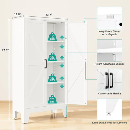 Metal Storage Cabinet with 2 Doors and 3 Shelves,White Pantry Storage Cabinet with Legs,Farmhouse Pantry Cabinets Cupboard,Bathroom Cabinets for Home,Kitchen,Dining/Living Room (47.3" H)