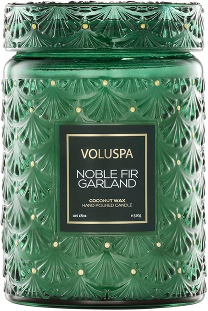 Voluspa Noble Fir Garland, Large Candle Jar, 18oz, Coconut Wax Blend, Christmas Scented Candles for Home, 100 Hour Burn Time, Poured in the USA