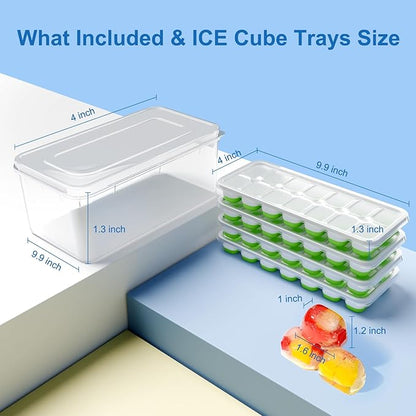 Ice Cube Tray, Ice Cube Trays for Freezer 4 Pack with Lid and Bin, Ice Tray Easy-Release, Ice Trays for Freezer Stackable, Silicone Ice Cube Tray for Drinks, Coffee - BPA-Free and Odor-Free