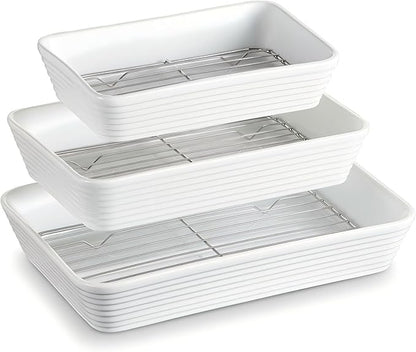 ONEMORE Baking Dishes for Oven, Large Casserole Dishes for Oven with Roasting Racks, Rectangular Ceramic Baking Dish Set of 3 for Cooking & Serving, Handleless Deep Dish Lasagna Pan (3QT/2.1QT/1.3QT)
