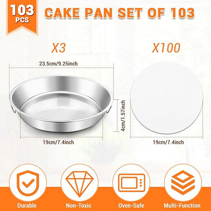 BEWOS 103 Pcs 7.4" Round Cake Pans - Nonstick Stainless Steel Cake Pans with 100 Pcs Parchment Paper, Non-Toxic Cake Baking Pans with Handles, Mirror Finish & Dishwasher Safe
