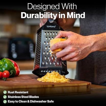 Lantana Cheese Grater for Kitchen with Container & Lid - Handheld Stainless Steel Box Food Shredder with Handle and 6 Essential Functions for Coarse, Medium, Fine, or Micro Grating/Shredding/Zesting