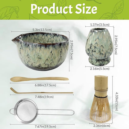 Matcha Whisk Set 6 pc Kit - Traditional Japanese Chasen, Bamboo Whisk Holder, Ceramic Bowl with Spout, Sifter & 2 pc Spoons - matcha kit set, Gift for Matcha Tea Lovers(Quenching Blue)