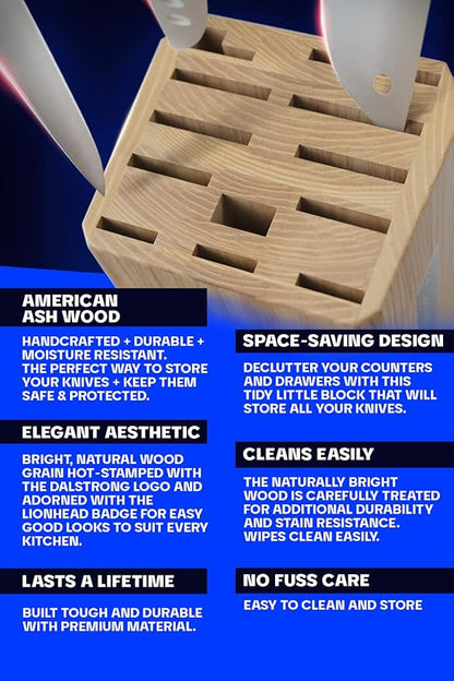 DALSTRONG Universal Knife Block - 18 Slots - Premium American Ash Wood - Aluminum Alloy Rim Kitchen Set - Lion Head Logo Badge - Premium Craftsmanship Knife Set - Angled For Ergonomics - Cleans Easily