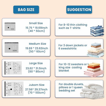 24PCS Vacuum Seal Bags for Clothing with Electric Pump - 8 Small, 8 Medium, 4 Large, 4 Jubom - Space Saver Vacuum Storage Bags for Bedding, Blanket, Pillow, Comforter, Travel, Seasonal Storage
