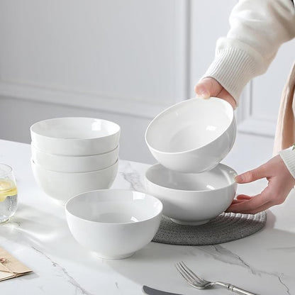 MALACASA 26 oz Porcelain Soup Bowls, White Ceramic Cereal Bowls for Kitchen 6 inch Bowls Set of 6 for Oatmeal Salad Fruit Rice Dishwasher and Microwave Safe, Series Regular