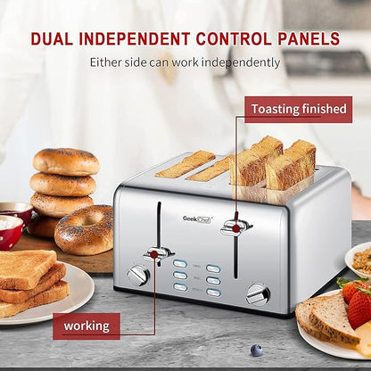 Toaster 4 Slice, Geek Chef Stainless Steel Toaster with Extra Wide Slots，4 Slot Toaster with Bagel/Defrost/Cancel Function, Dual Control Panel of 6 Toasting Bread Shade Settings, Removable Crumb Trays, High Lift Lever, ETL