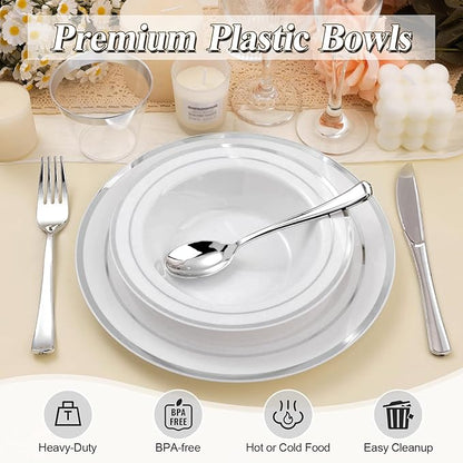100 Pack Disposable Soup Bowls with Silver Rim, 12oz Premium Heavy Duty Plastic Dinner Bowls for Party, Wedding and Holiday