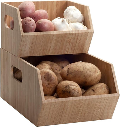 MobileVision Bamboo Storage Bins for Pantry & Kitchen Cabinet Organizer Multi-Purpose 2 PC Stackable Set for Canned Goods, Vegetables, Pouches, Boxed Meals & more