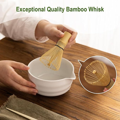 Matcha Whisk Set,Ceramic Matcha Set,with Ceramic Bowl,Bamboo Whisk&Holder,Scoop,Authentic Japanese Matcha,for Matcha Lovers,Gift for Family/Friend(Porcelain white)