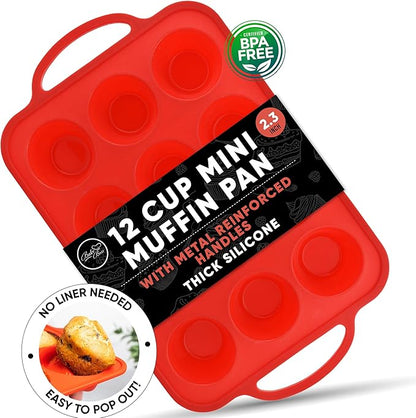 Silicone Muffin Pan With Handles, 12 Cups Cupcake Pan, Silicone Muffin Cups For Baking, Eggs & Cupcakes, Non-Stick Cupcake Molds Dishwasher Safe & BPA Free - Red Color