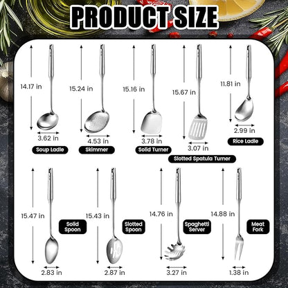 9 Pcs 304 Stainless Steel Utensils Set with Wood Handle Metal Cooking Tool Spatula, Solid Spoon, Slotted Spoon, Fork, Ladle, Skimmer, Slotted Spatula Spaghetti(Silver,Stainless Steel)