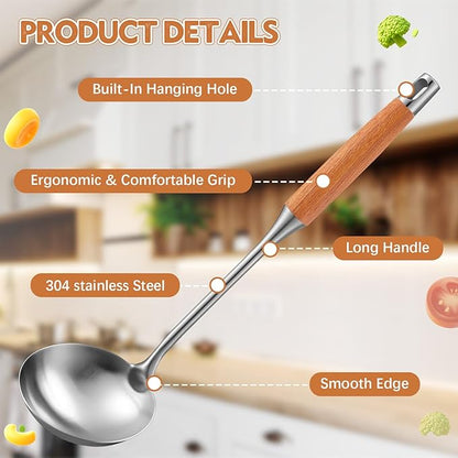 9 Pcs 304 Stainless Steel Utensils Set with Wood Handle Metal Cooking Tool Spatula, Solid Spoon, Slotted Spoon, Fork, Ladle, Skimmer, Slotted Spatula Spaghetti(brown,wooden)