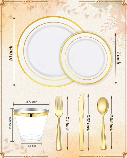 bUCLA 600Pcs White and Gold Plastic Plates - Gold Disposable Dinnerware Set for 100 Guests Include 100 Dinner & 100 Dessert Plates, 100 Cups, 100 Forks, 100 Spoons, 100 Knives for Thanksgiving