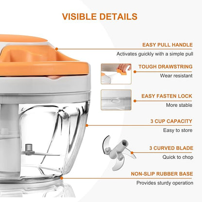 Manual Food Processor Vegetable Chopper, Portable Hand Pull String Garlic Mincer Onion Cutter for Veggies, Ginger, Fruits, Nuts, Herbs, etc.,500ml