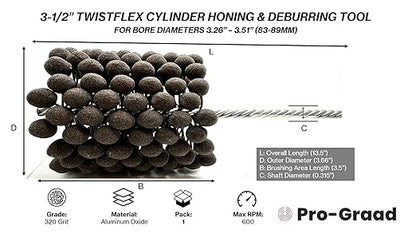 TwistFlex Cylinder Hone | 3-1/2" 320AO for Brake Cylinders, Valve Guides, Hydraulics, 3.5" Diameter for Hole Diameters 3.26"- 3.51" | Aluminum Oxide 320 Grit | 0.315" Shank | 13.5" Length