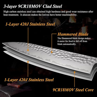 KEEMAKE Kitchen Knife Set 3-pcs - Chef Knife Set with 3-layer Japanese 9CR18MOV Clad Steel Blade, Sharp Knives Set for Kitchen with Octagon Rosewood Handle Kitchen Knives