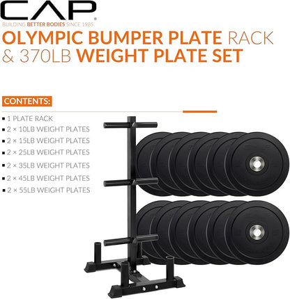 CAP Barbell 2-Inch Olympic Bumper Plate Weight Set with 6 Post Rack | 100-370 lbs | Multiple Options