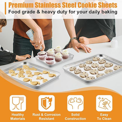TeamFar Baking Sheet Set of 3, 16/12.5/10.5 Inch Stainless Steel Cookie Sheets Baking Pans, Metal Oven Baking Tray for Cooking Roasting Serving, Non-Toxic & Mirror Finish & Dishwasher Safe