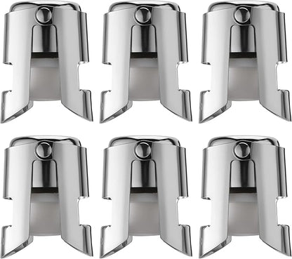 Champagne Stopper 6 Pack Stainless Steel Champagne Save with Food Grade Silicone，Leak-Proof Bubble Retaining Saver，Suitable for Champagne Prosecco Cava and Sparkling (Silver)
