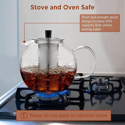 1500ml Glass Teapot with Removable Stainless Infuser(50oz), Ehugos Stovetop Safe Large Tea Pot, Hand Crafted Kettle for Women and Adult, for Loose Leaf Tea, Hot and Iced Water, Juice Beverage