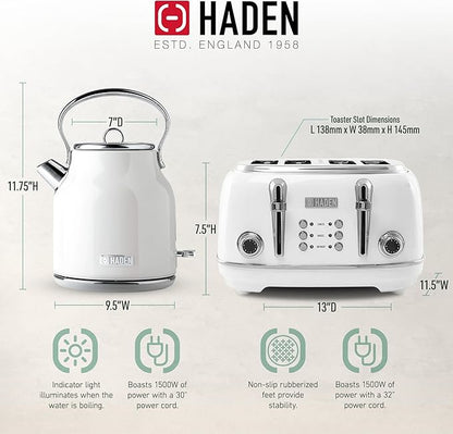 Haden Heritage Stainless Steel Body Retro Electric Tea Kettle, White and Haden Heritage 4 Slice Wide Slot Stainless Steel Retro Toaster, White