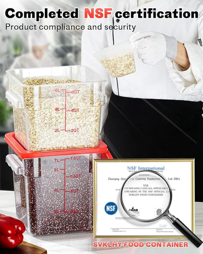 4QT NSF Food Storage Containers: 8 PCS [Food Grade][Hot&Cold Resistant] Commercial Clear Food Storage Containers with Lids for Restaurant Kitchen Proof Dough, Measuring Spoons Included(Red)