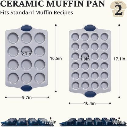 BRONYPRO Ceramic Muffin Pan, 12-Cup and 24-Cup Nonstick Aluminized Steel Mini Cupcake Pans, Healthy Non-Toxic Ceramic Coating Muffin Tin, 2 Pack Cup Cake Pans for Baking Blue