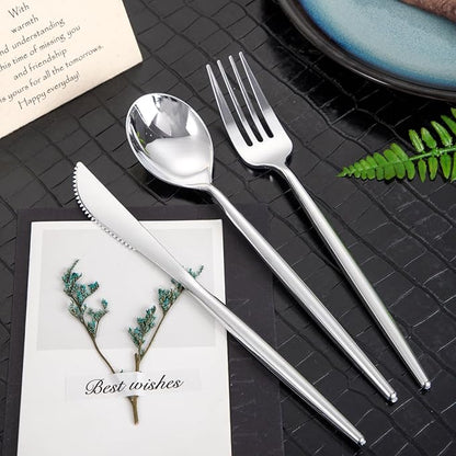 SUT 600PCS Heavy Duty Disposable Silverware - Includes 200 Knives, Forks and Spoons - Silver Plastic Utensils Set for Party/Wedding