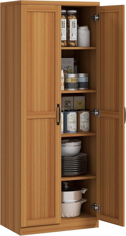 HOMCOM 63" 2-Door Kitchen Pantry, Freestanding Storage Cabinet with 5-Tier Shelving and 2 Adjustable Shelves for Dining Room, Teak Wood Grain