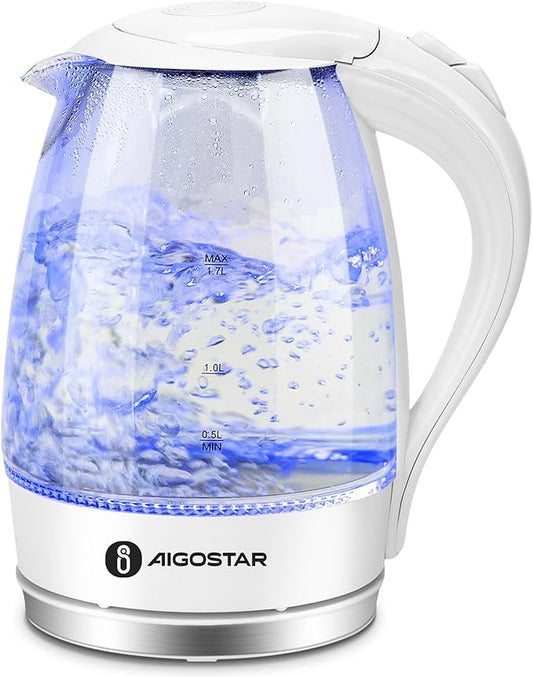 Aigostar Electric Kettle, 1500W Glass Electric Tea Kettle Rapid Heating, Borosilicate Glass, Auto Shutoff and Boil-Dry Protection, Hot Water Boiler BPA Free and Cordless with LED Indicator, 1.7 Liter