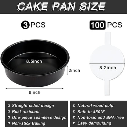 8-Inch Cake Pan Set of 3, Non-stick Baking Layer Cake Pans with 100 Pieces Parchment Paper, Dishwasher Safe Baking Pans (Round)