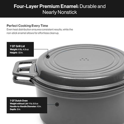 Misen 7 QT Enameled Cast Iron Dutch Oven - Chip-Resistant Enamel Coating - Thick Iron Core For Heat Retention - Large Cooking Surface - Oven Safe, Induction Compatible - Grill and Silicone Lid, Gray