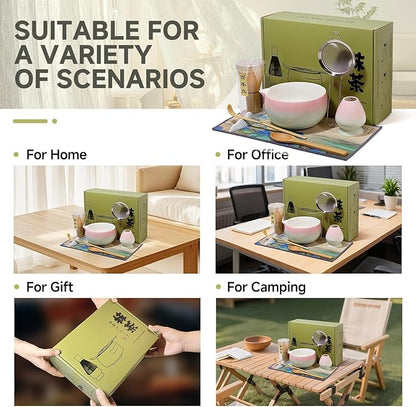 Matcha Whisk Set with Ceramic Bowl - Bamboo Whisk (Chasen), Scoop, Sifter & Holder - Complete Kit for Traditional Matcha Tea - Unique Gifts for Tea Lovers (Sakura Moss Fade)