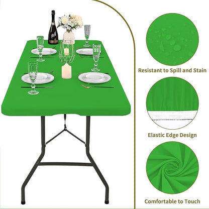10 Pack Fitted Tablecloth for 8 Foot Rectangle Tables, Green Elastic Outdoor Picnic Table Cover, Washable Stretch Folding Table Cloths 8 ft for Camping Party Patio Kitchen Banquet, 30" W x 96" L