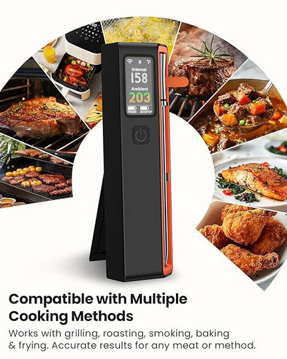 Wireless Bluetooth Smart Meat Thermometer: ±0.5°F Accuracy, 1 Probe with 6 Sensors - WiFi Digital Thermometer with LED Base, NIST Certified Accuracy, Long-Range for BBQ, Grill, Smoker, Oven