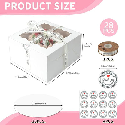 28 Pack cake boxes 9x9x5Inch Cake Boxes Bakery Boxes with Window for postres, Cookies, Donuts, Chocolate Covered Strawberries. (White, 995inch/28pcs)