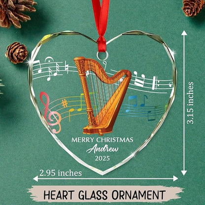 Customized Year Text Name Harpist Harp Player Glass Christmas Ornament, Personalized Harp Musical Instrument Xmas Ornaments Gift for Bestie Coworker Parents Grandkids,Unique Harps Instrument Ornament