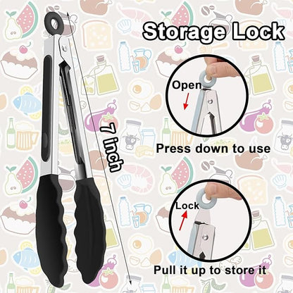 6 PCS Silicone Tongs,Cooking Tongs with Silicone Tips,7 Inch Stainless Steel Silicone Kitchen Tongs,Heat Resistant Non-Stick,for Cooking Grilling Salad,BBQ Tongs with Locking