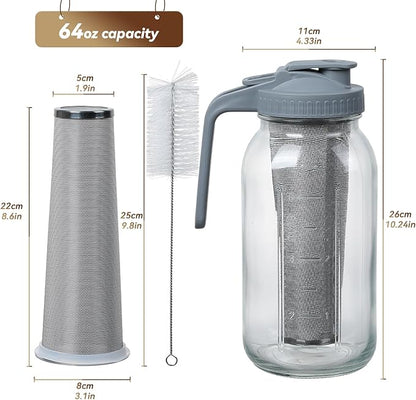 Cold Brew Coffee Maker Pitcher 64-ounce Glass Wide Mouth Mason Jar with Stainless Steel Filter and Pour Spout Handle Lid (Grey, 64Ounce)