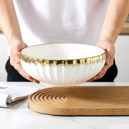LETAOTAO Serving Bowls, 10 inch Extra Large Salad Bowl Set of 2, Ceramic Bowl with Gold Trim, Kitchen Decorative Bowls Porcelain Mixing Bowls for Salad, Soup, Pasta and Dinner