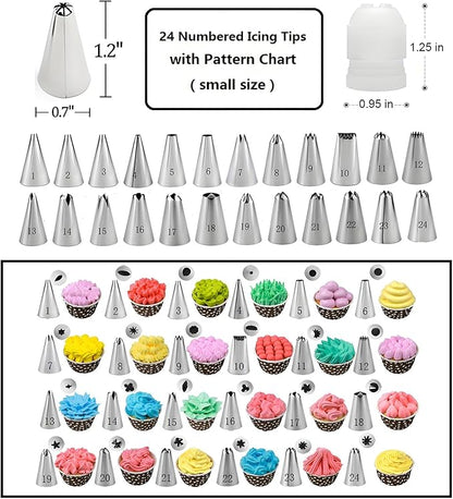 198 Pcs Cake Decorating Kit with Aluminium Alloy Cake Turntable,24 Numbered Icing Piping Tips,2 Couplers,2 Cake Spatulas,3 Comb Scrapers,8 Carved Pens, 50 Pastry Bags,50 Cake Flags