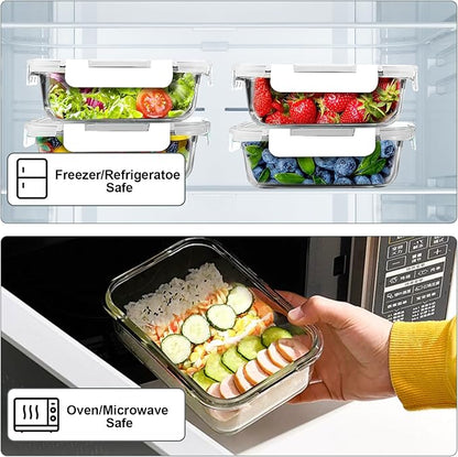 VERONES 10 Pack 22 OZ Glass Meal Prep Containers, Airtight Glass Lunch Containers Set, Food Storage Containers with Lids,BPA Free, for Microwave, Oven, Freezer & Dishwasher Friendly,White