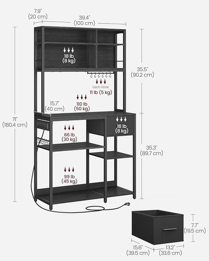 VASAGLE Bakers Rack with Charging Station, Coffee Bar with Adjustable Storage Shelves, Fabric Drawer, 12 Hooks, 15.7 x 39.4 x 71 Inches, Kitchen Microwave Stand, Charcoal Gray and Ink Black UKKS027B01