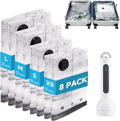 8 Pack Travel Vacuum Seal Bags with Rechargeable Electric Pump, 4 Sizes Space Saver Vacuum Storage Bags for Luggage, Suitcase & Home Organization, Reuseable Vacuum Seal Bags for Clothing