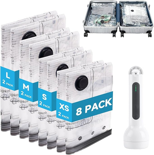 8 Pack Travel Vacuum Seal Bags with Rechargeable Electric Pump, 4 Sizes Space Saver Vacuum Storage Bags for Luggage, Suitcase & Home Organization, Reuseable Vacuum Seal Bags for Clothing