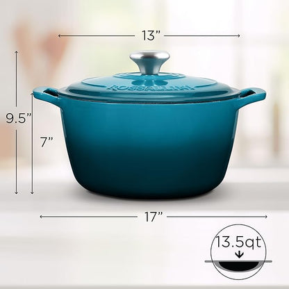 Signature Enameled Cast Iron Dutch Oven, Non-Stick Serving Pot with Tight Fitting Lid for Perfect Roasting, Baking, Sauteing, and Bread Making | 13.5Q (12.7L) - Ocean Blue