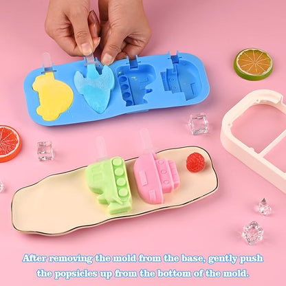 Sakolla 2 Pack Silicone Popsicle Molds with Sticks & Lid, 4-Cavity Mini Popsicle Molds for Kids - Cars, Ships, Train, Rocket and Dino Shapes (Green & Blue)
