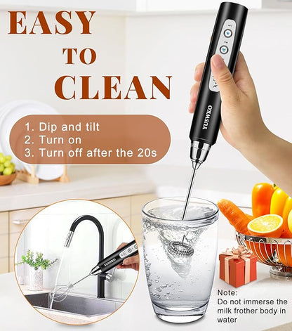 YUSWKO Milk Frother Handheld for Coffee, Rechargeable Drink Mixer with 3 Heads 3 Speeds Electric Coffee Frother Whisk, Gift for Many Occasions and Festival
